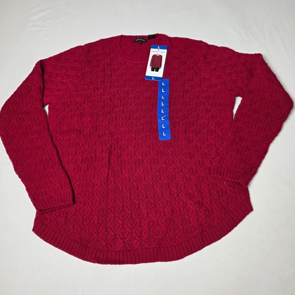 Jeanne Pierre Sweater Womens Large‎ Cable Knit 100% Cotton Crew Neck Carmine Red